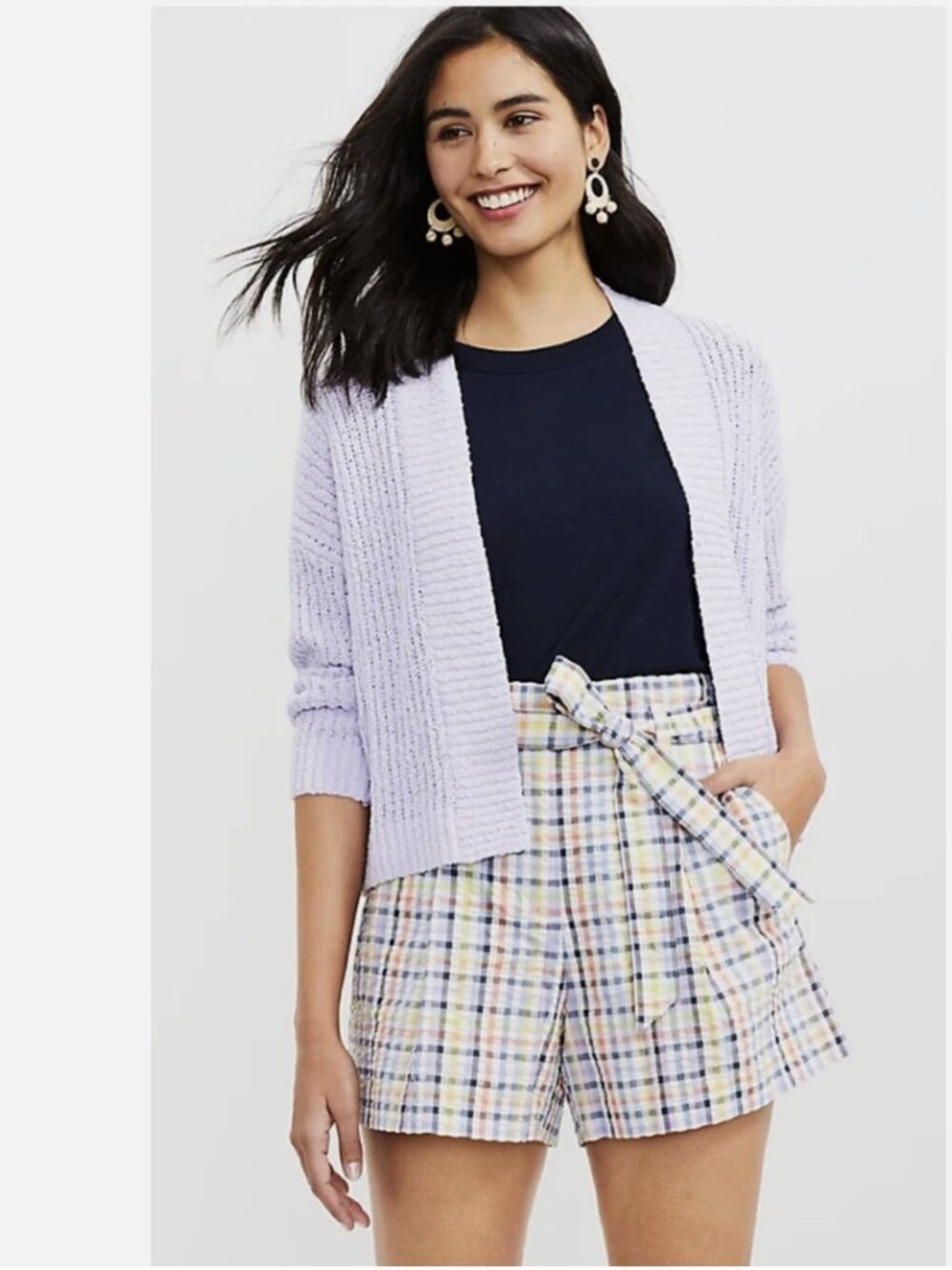 Loft (Ann Taylor) Plaid Belted Paper Bag High-Waisted Casual Shorts - Size L - Picture 7 of 13